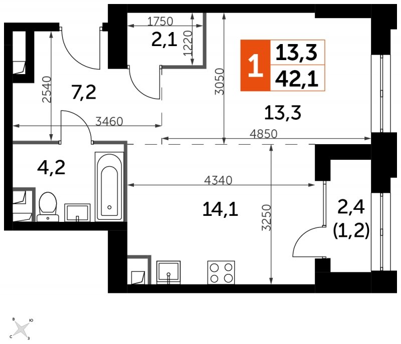 1-комнатная квартира с частичной отделкой, 42.1 м2, 2 этаж, сдача 1 квартал 2023 г., ЖК Sydney City, корпус 3 - объявление 1569055 - фото №1