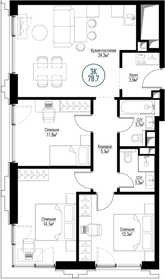 3-комнатная квартира с частичной отделкой, 78.7 м2, 21 этаж, сдача 3 квартал 2024 г., ЖК Метрополия, корпус Amsterdam - объявление 1997229 - фото №1