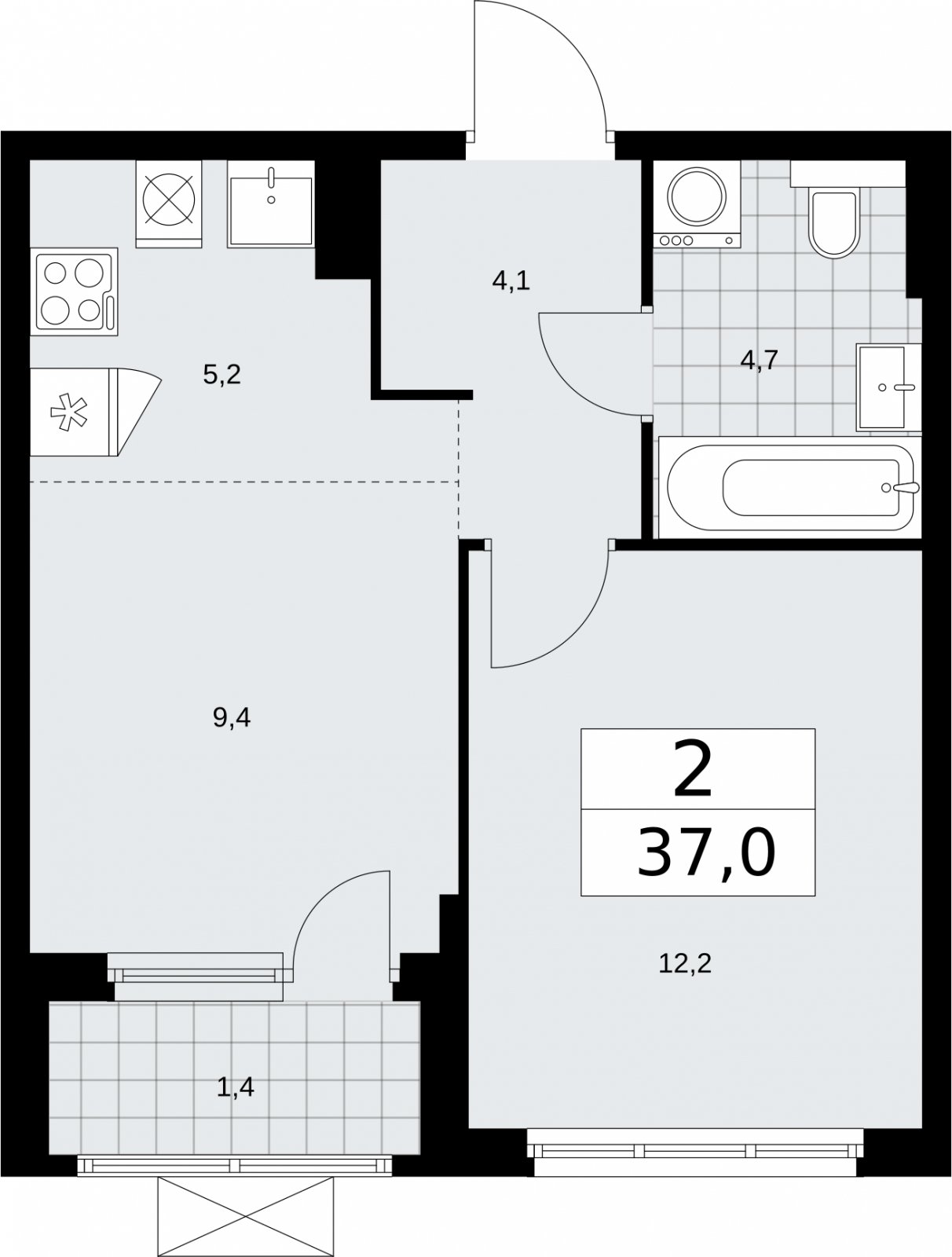 2-комнатная квартира (евро) без отделки, 37 м2, 8 этаж, сдача 2 квартал 2026 г., ЖК Бунинские кварталы, корпус 7.4 - объявление 2314088 - фото №1