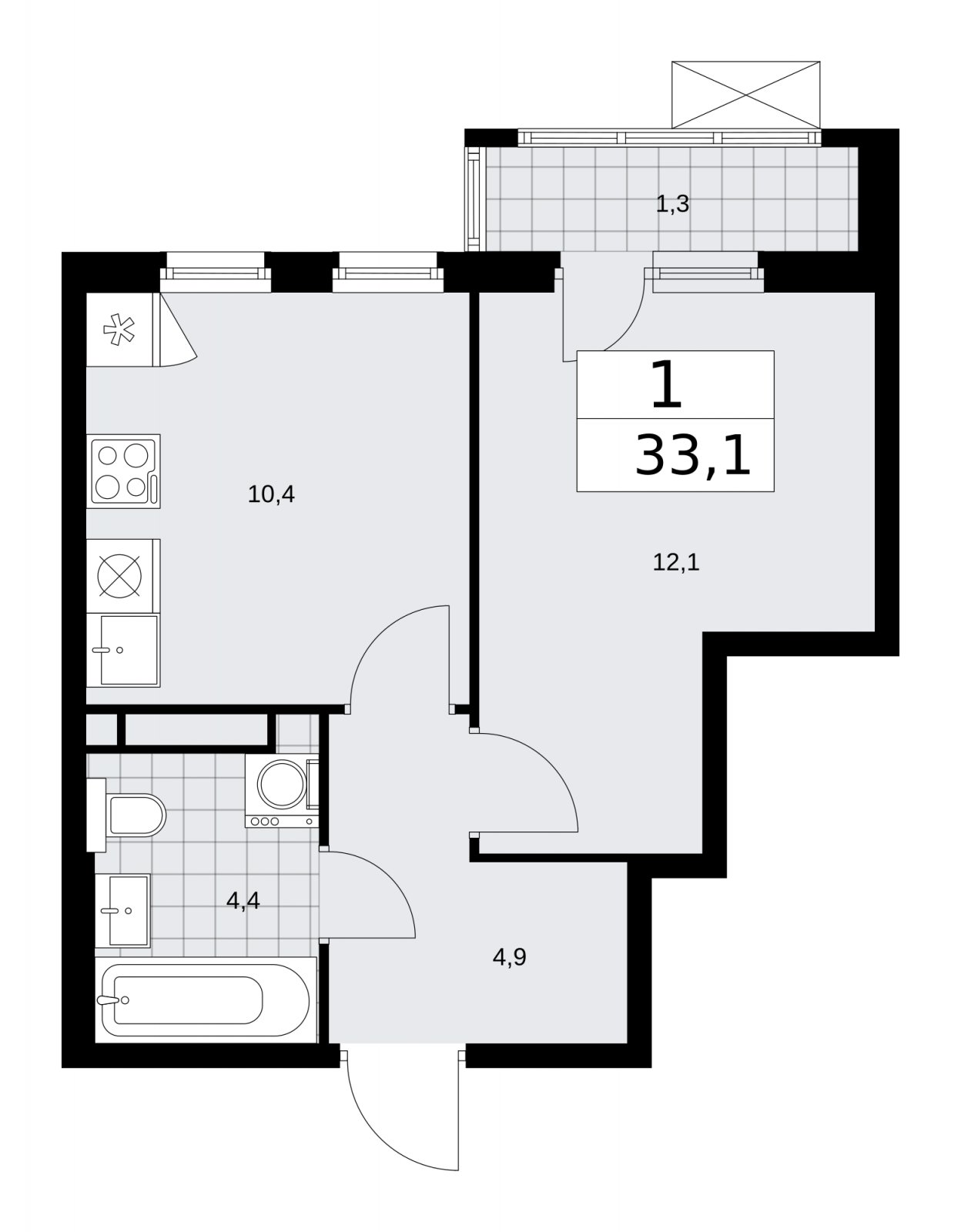 1-комнатная квартира с частичной отделкой, 33.1 м2, 7 этаж, сдача 1 квартал 2026 г., ЖК Прокшино, корпус 11.1.1 - объявление 2257201 - фото №1