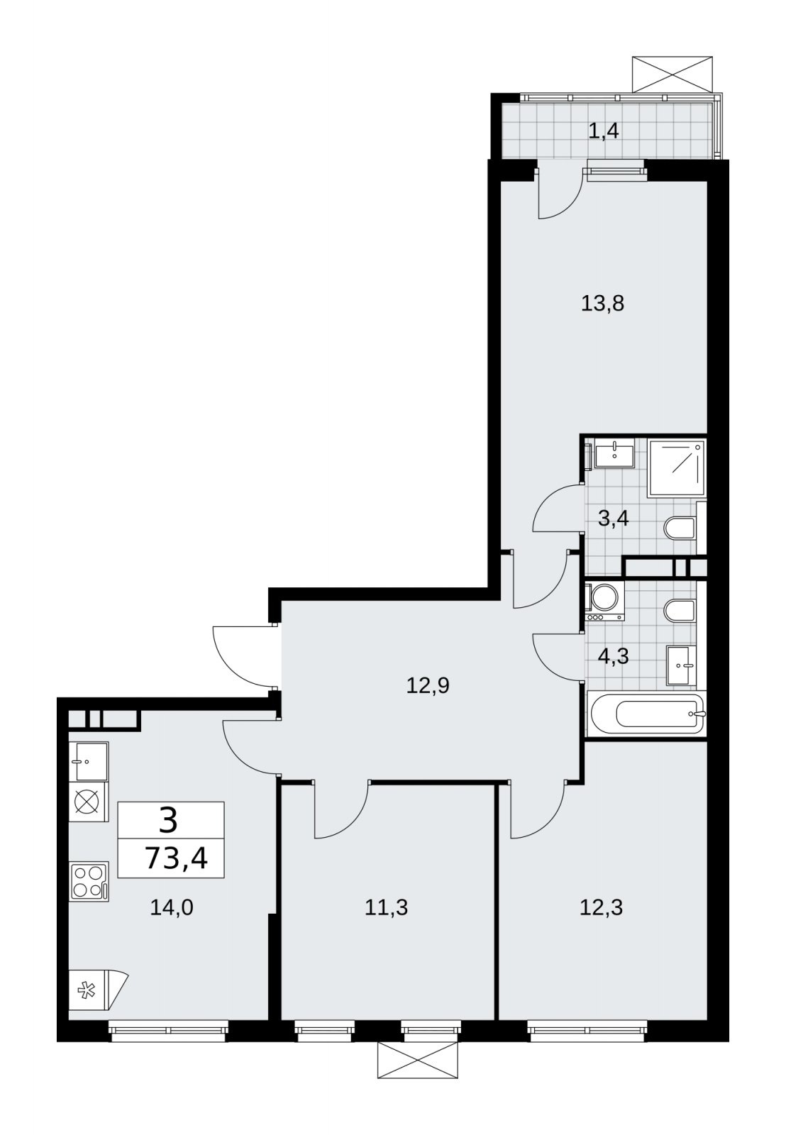 3-комнатная квартира без отделки, 73.4 м2, 7 этаж, сдача 1 квартал 2026 г., ЖК Прокшино, корпус 11.2.1 - объявление 2269862 - фото №1
