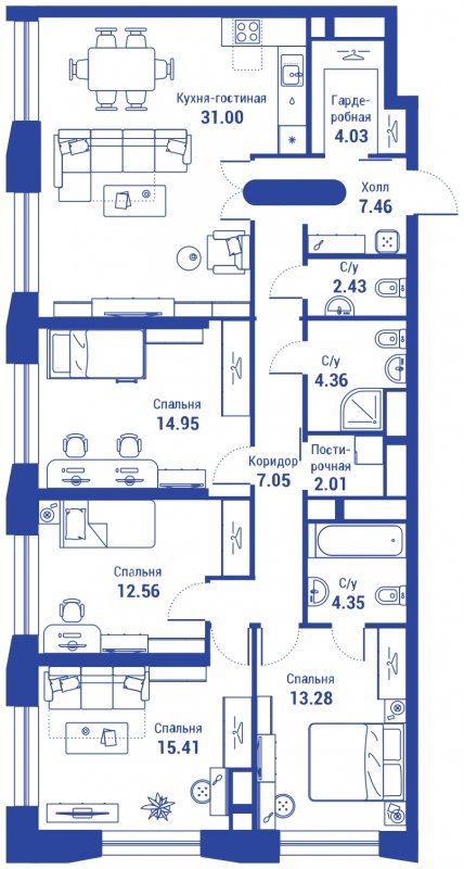 5-комнатная квартира (евро) с полной отделкой, 118.89 м2, 15 этаж, сдача 3 квартал 2024 г., ЖК iLove, корпус 2 - объявление 1576994 - фото №1