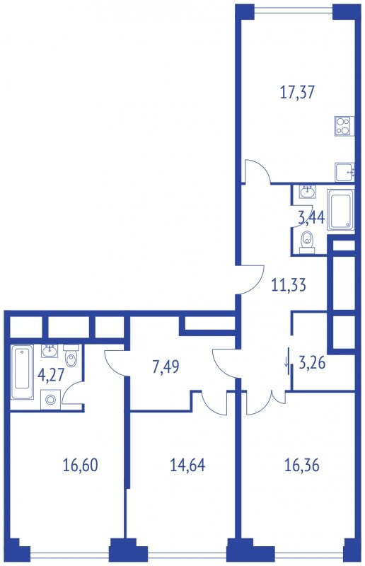 3-комнатная квартира без отделки, 98.45 м2, 27 этаж, сдача 1 квартал 2022 г., ЖК iLove, корпус 1 - объявление 1308945 - фото №1