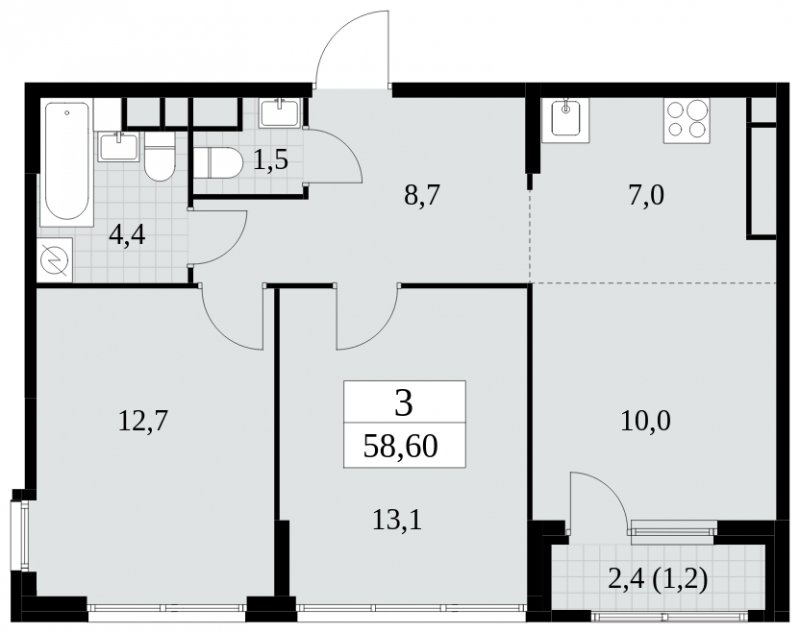 3-комнатная квартира (евро) с частичной отделкой, 58.6 м2, 28 этаж, сдача 2 квартал 2025 г., ЖК Южные сады, корпус 2.2 - объявление 1757664 - фото №1