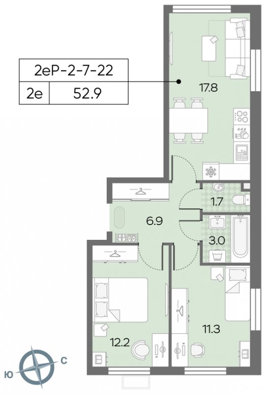 2-комнатная квартира с полной отделкой, 52.9 м2, 22 этаж, сдача 3 квартал 2024 г., ЖК Лучи, корпус 15 - объявление 1943668 - фото №1