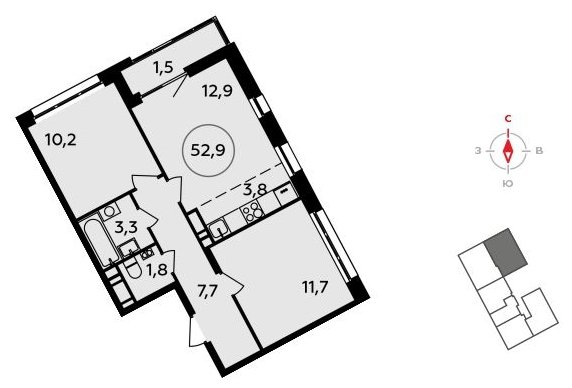 3-комнатная квартира (евро) без отделки, 52.9 м2, 13 этаж, сдача 3 квартал 2023 г., ЖК Прокшино, корпус 4.4 - объявление 1498298 - фото №1