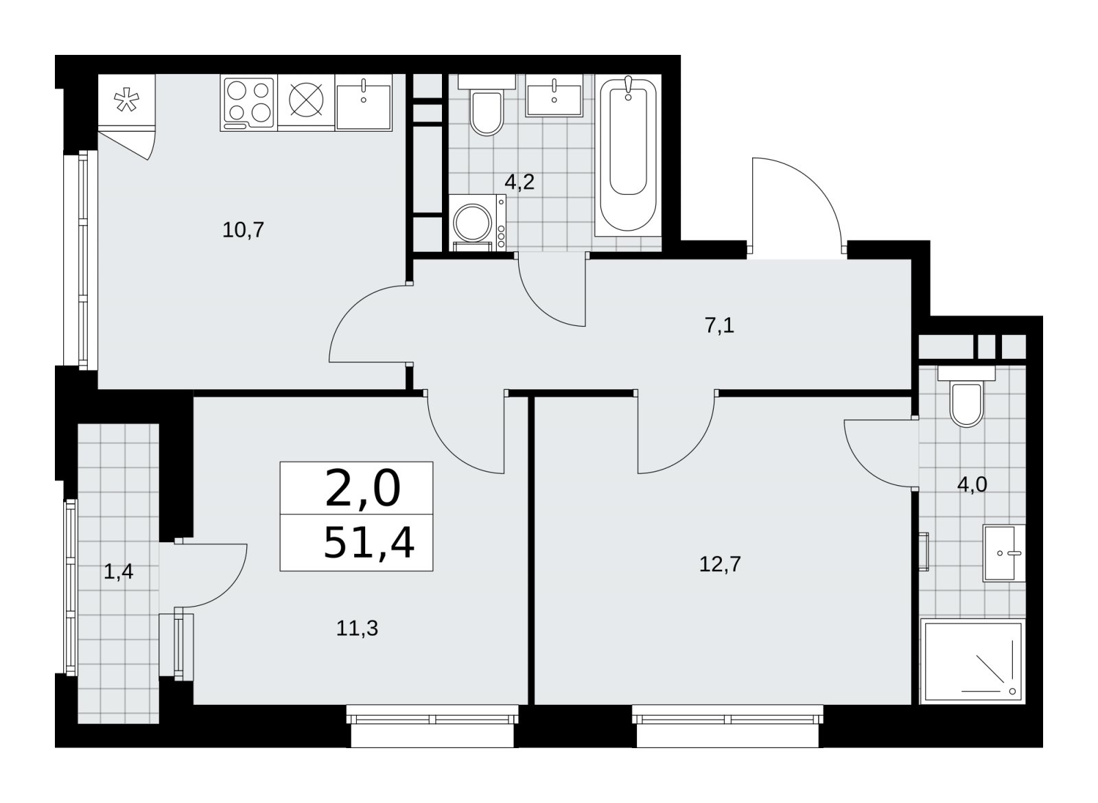 2-комнатная квартира с частичной отделкой, 51.4 м2, 13 этаж, сдача 2 квартал 2026 г., ЖК Дзен-кварталы, корпус 3.4 - объявление 2241926 - фото №1