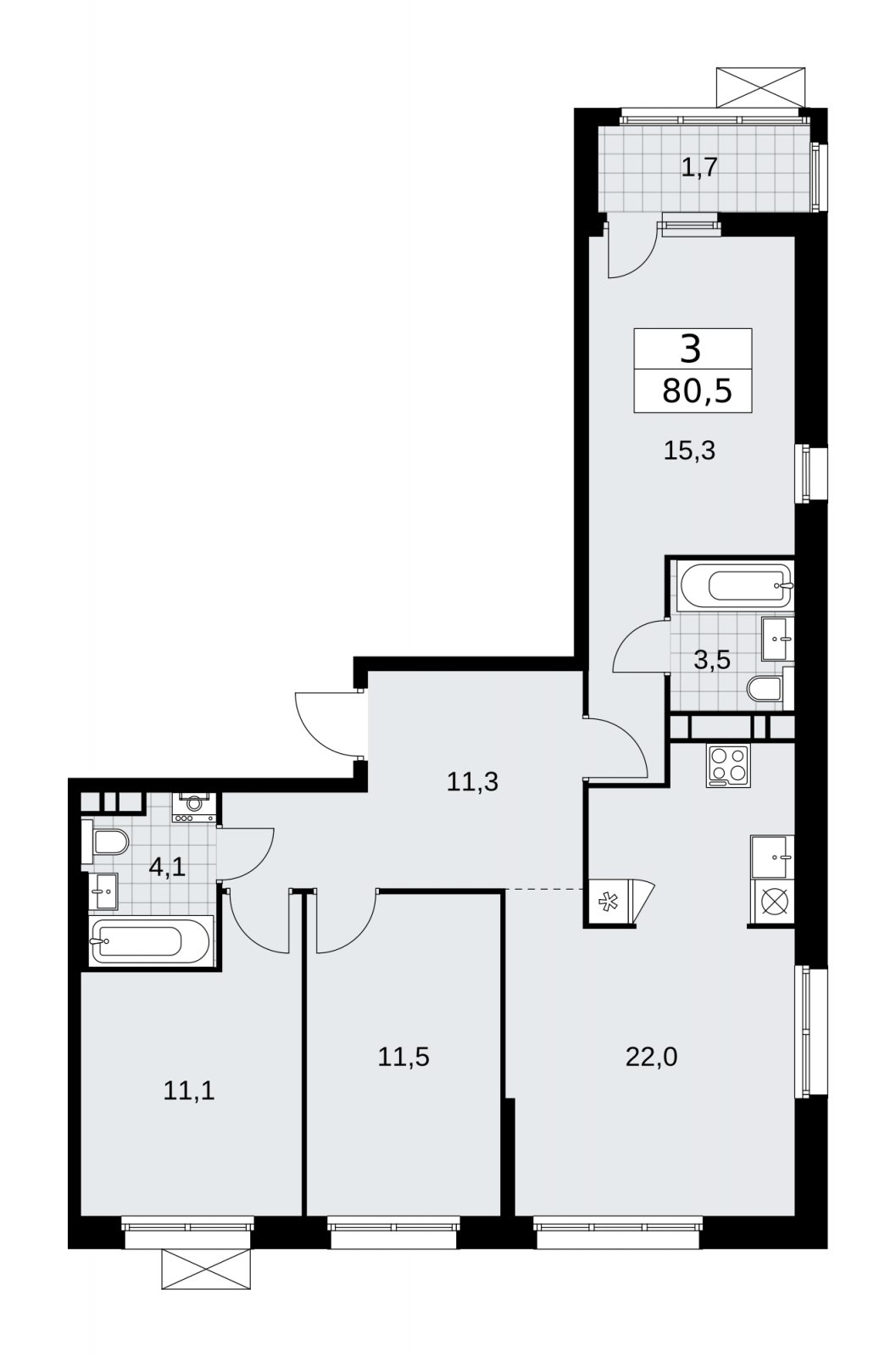 3-комнатная квартира с частичной отделкой, 80.5 м2, 6 этаж, сдача 2 квартал 2026 г., ЖК Дзен-кварталы, корпус 4.1 - объявление 2251371 - фото №1
