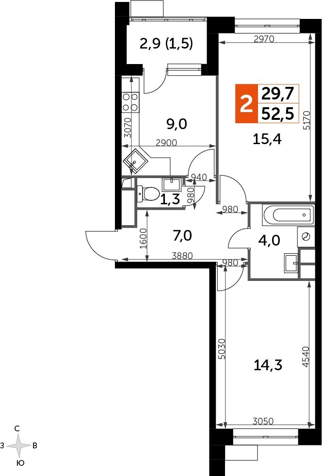 2-комнатная квартира без отделки, 52.5 м2, 5 этаж, сдача 4 квартал 2023 г., ЖК Датский квартал, корпус 2 - объявление 2207670 - фото №1