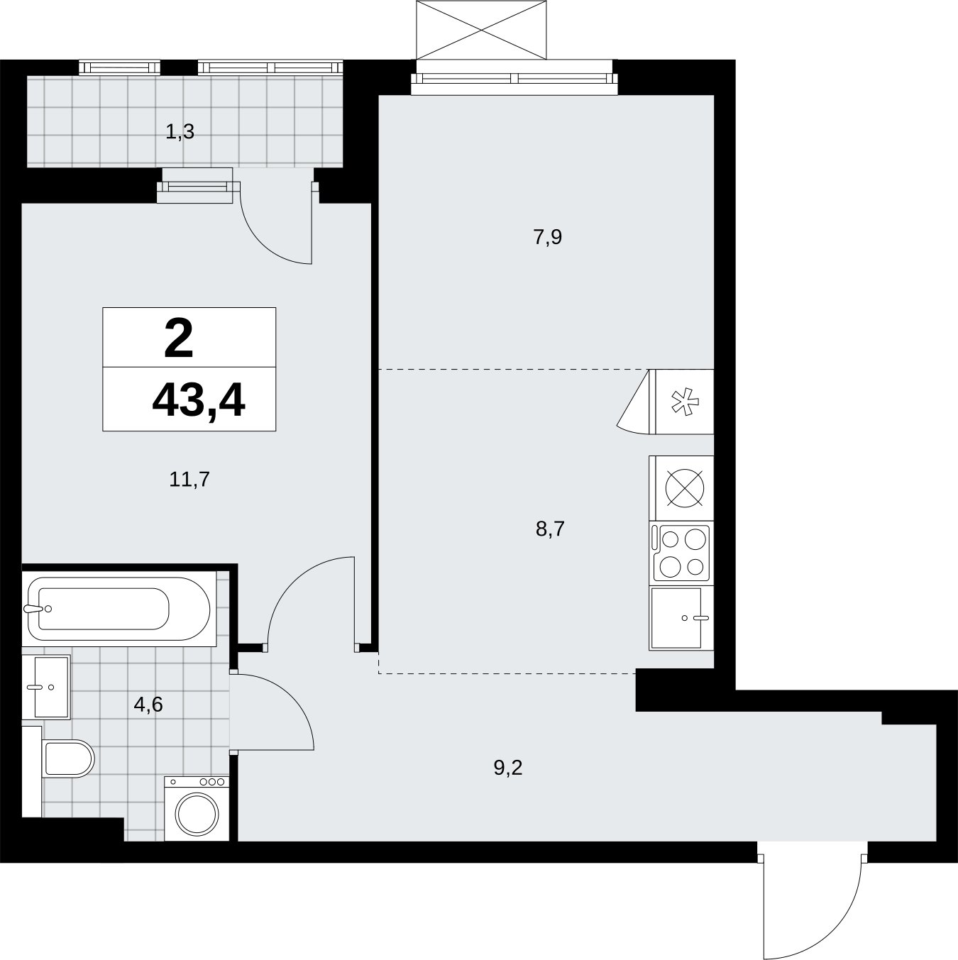 2-комнатная квартира (евро) без отделки, 43.4 м2, 9 этаж, сдача 2 квартал 2026 г., ЖК Бунинские кварталы, корпус 9.1 - объявление 2323943 - фото №1