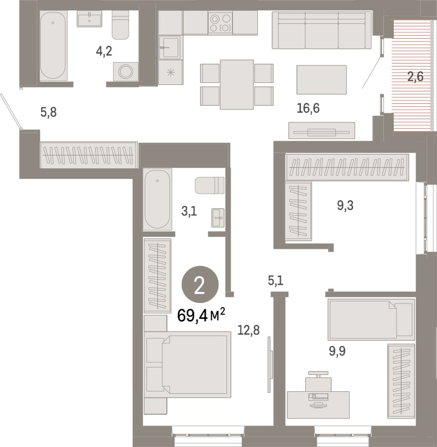 3-комнатная квартира с частичной отделкой, 69.4 м2, 19 этаж, сдача 3 квартал 2026 г., ЖК Квартал Метроном, корпус 1 - объявление 2300685 - фото №1