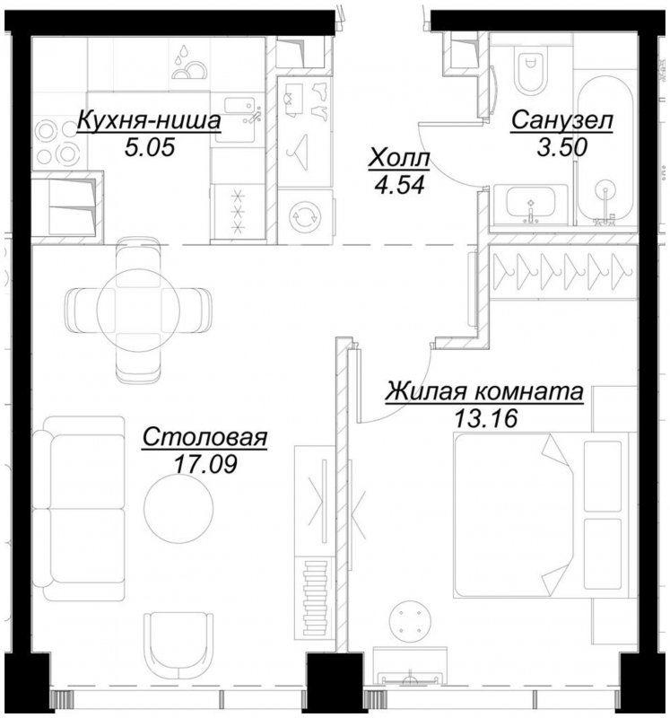 1-комнатная квартира с частичной отделкой, 43.26 м2, 22 этаж, сдача 4 квартал 2024 г., ЖК MOD, корпус Mod.M - объявление 1788222 - фото №1