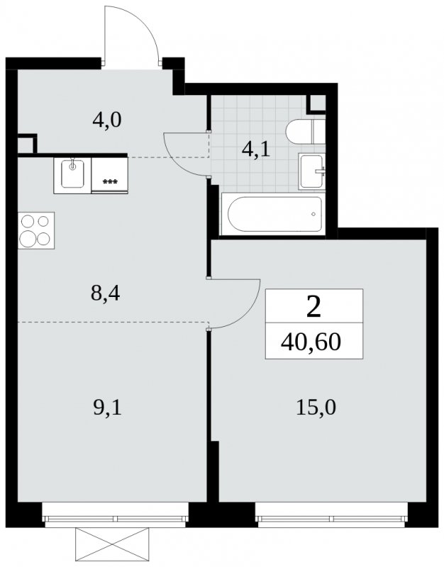 2-комнатная квартира (евро) без отделки, 40.6 м2, 2 этаж, сдача 2 квартал 2024 г., ЖК Прокшино, корпус 6.1 - объявление 1662493 - фото №1