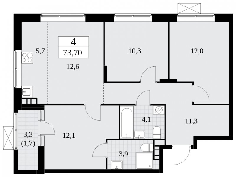 4-комнатная квартира (евро) с частичной отделкой, 73.7 м2, 7 этаж, сдача 2 квартал 2025 г., ЖК Прокшино, корпус 5.2.6 - объявление 1901052 - фото №1