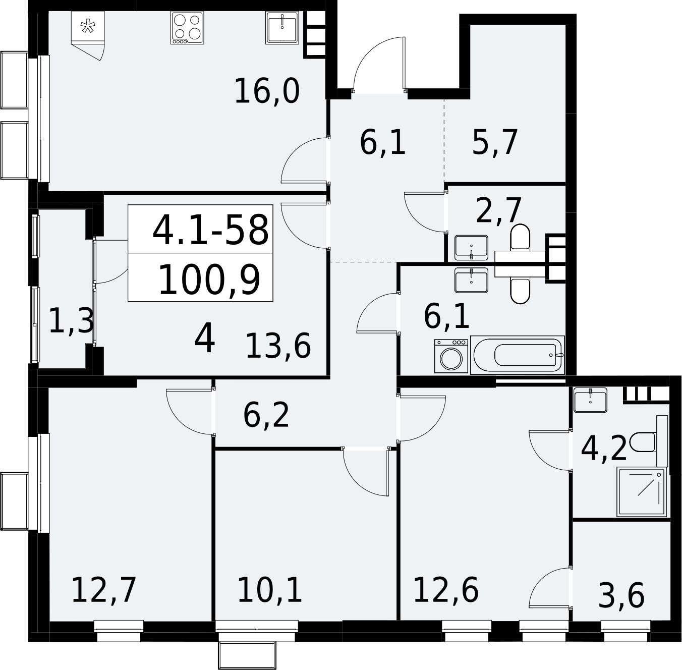 4-комнатная квартира с полной отделкой, 100.9 м2, 11 этаж, сдача 2 квартал 2027 г., ЖК Южные сады, корпус 4.1.1 - объявление 2392599 - фото №1