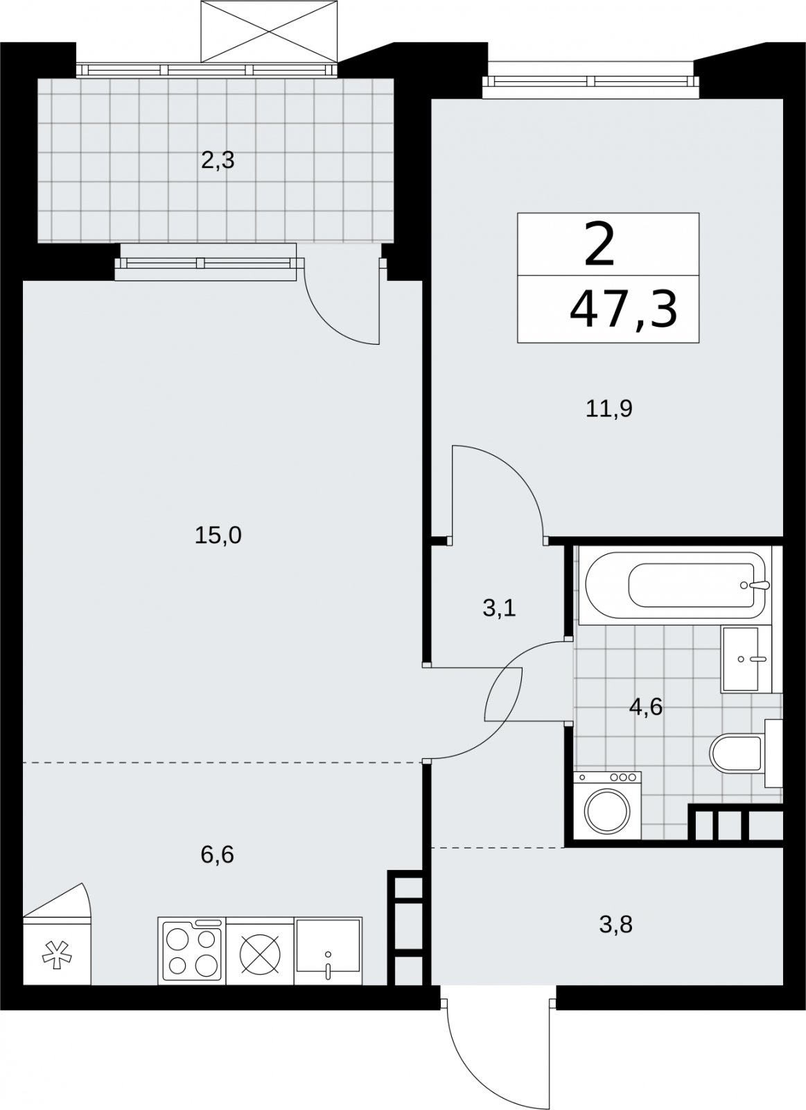 2-комнатная квартира (евро) без отделки, 47.3 м2, 16 этаж, сдача 2 квартал 2026 г., ЖК Бунинские кварталы, корпус 5.2 - объявление 2297432 - фото №1