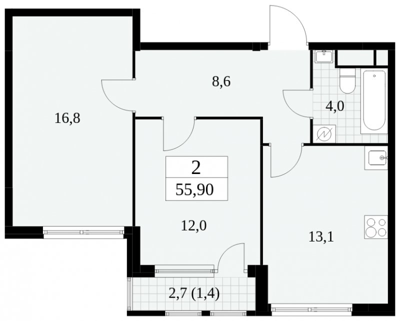 2-комнатная квартира без отделки, 55.9 м2, 17 этаж, сдача 2 квартал 2025 г., ЖК Южные сады, корпус 2.3 - объявление 1758226 - фото №1