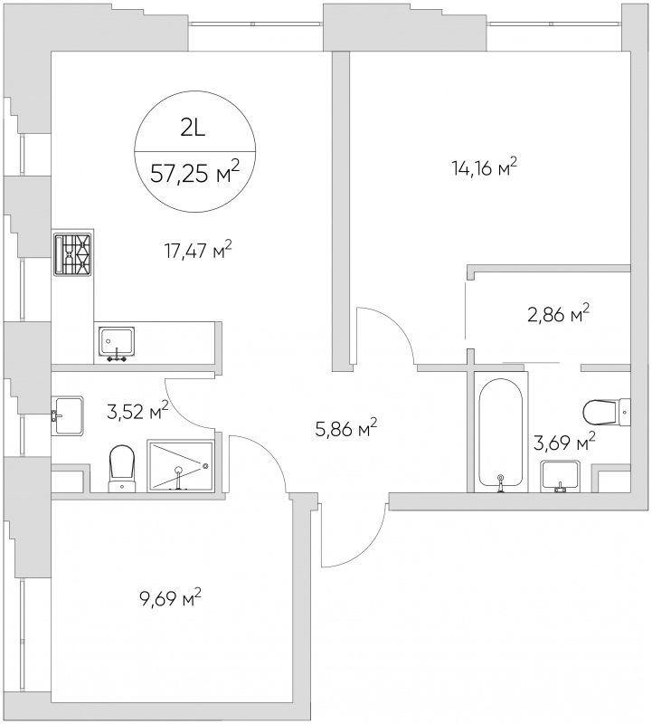 2-комнатные апартаменты без отделки, 57.25 м2, 6 этаж, сдача 1 квартал 2024 г., ЖК N'ICE LOFT, корпус 2 - объявление 1631776 - фото №1