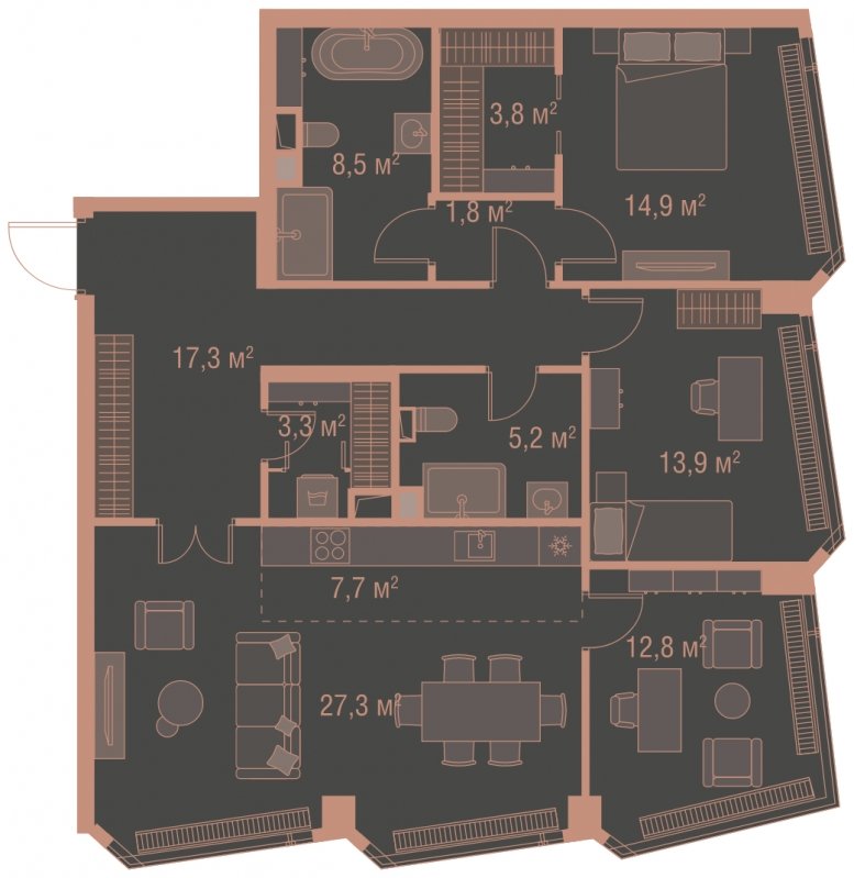 3-комнатная квартира без отделки, 116.5 м2, 14 этаж, сдача 1 квартал 2025 г., ЖК HIGH LIFE, корпус Soul Tower - объявление 1767800 - фото №1