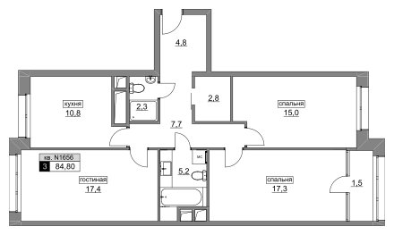 3-комнатная квартира без отделки, 85.2 м2, 4 этаж, дом сдан, ЖК Румянцево-Парк, корпус 1 - объявление 1501535 - фото №1