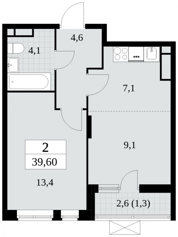 2-комнатная квартира (евро) без отделки, 39.6 м2, 12 этаж, сдача 2 квартал 2024 г., ЖК Прокшино, корпус 6.2 - объявление 1662900 - фото №1