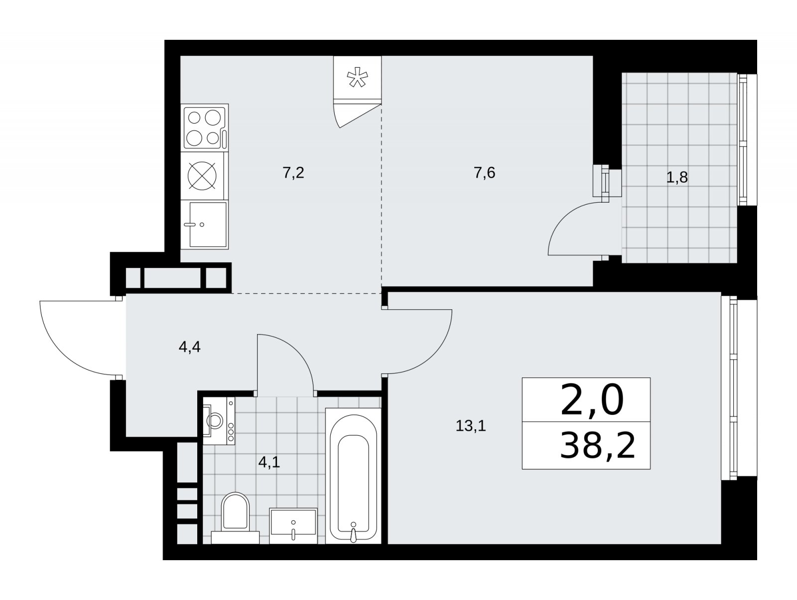 2-комнатная квартира (евро) без отделки, 38.2 м2, 21 этаж, сдача 1 квартал 2026 г., ЖК Дзен-кварталы, корпус 3.1 - объявление 2241065 - фото №1