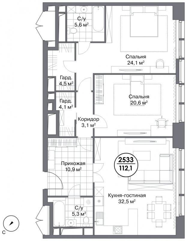3-комнатные апартаменты без отделки, 112.1 м2, 28 этаж, дом сдан, ЖК Match Point, корпус 1 - объявление 1612612 - фото №1