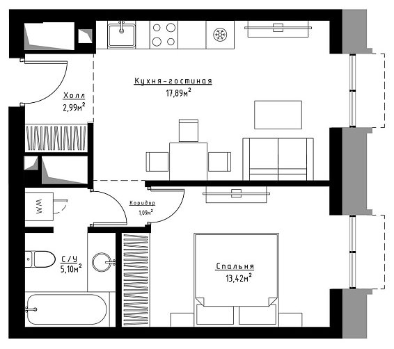 1-комнатная квартира с частичной отделкой, 40.6 м2, 23 этаж, сдача 3 квартал 2023 г., ЖК Метрополия, корпус Stockholm - объявление 1950973 - фото №1