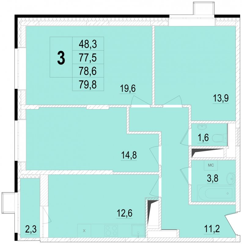 3-комнатная квартира без отделки, 78.6 м2, 18 этаж, сдача 1 квартал 2024 г., ЖК Отрадный, корпус 4 - объявление 1575933 - фото №1