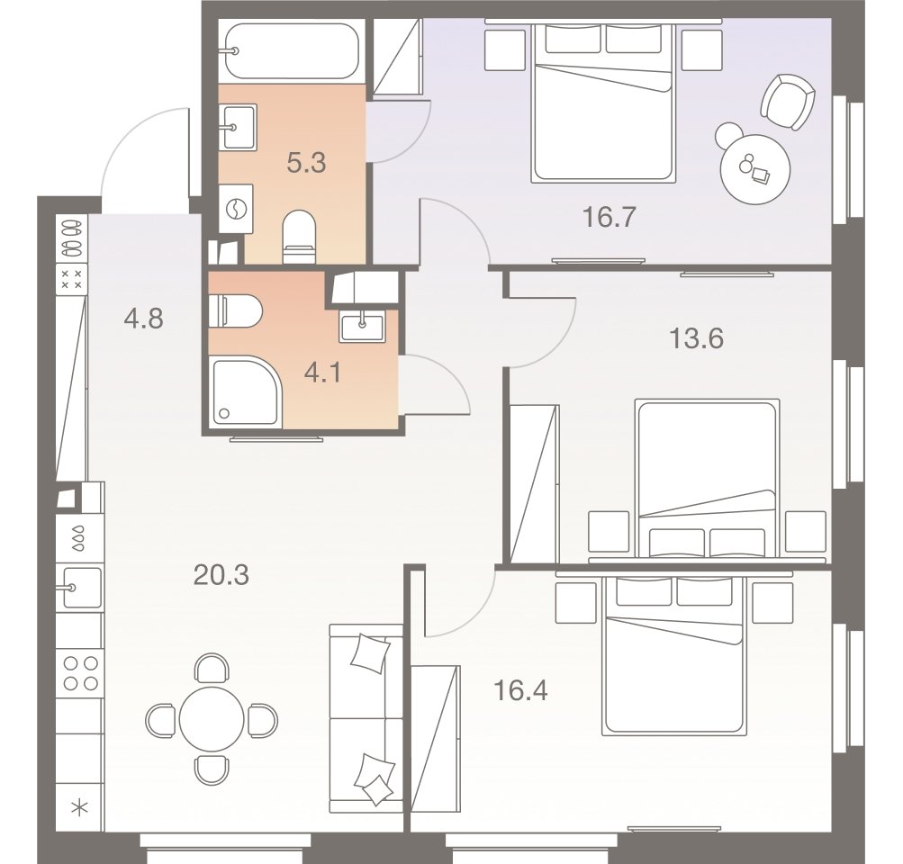4-комнатная квартира без отделки, 85.5 м2, 23 этаж, сдача 1 квартал 2026 г., ЖК Twelve, корпус 3 - объявление 2331946 - фото №1