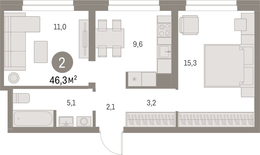 2-комнатная квартира с частичной отделкой, 46.27 м2, 2 этаж, сдача 1 квартал 2025 г., ЖК Первый квартал, корпус Дом 5 - объявление 2299377 - фото №1