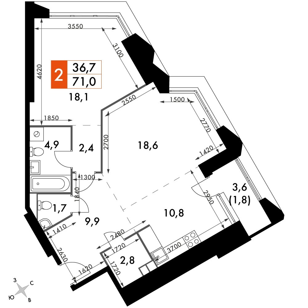 2-комнатная квартира с частичной отделкой, 71 м2, 7 этаж, дом сдан, ЖК Архитектор, корпус 3 - объявление 2207397 - фото №1