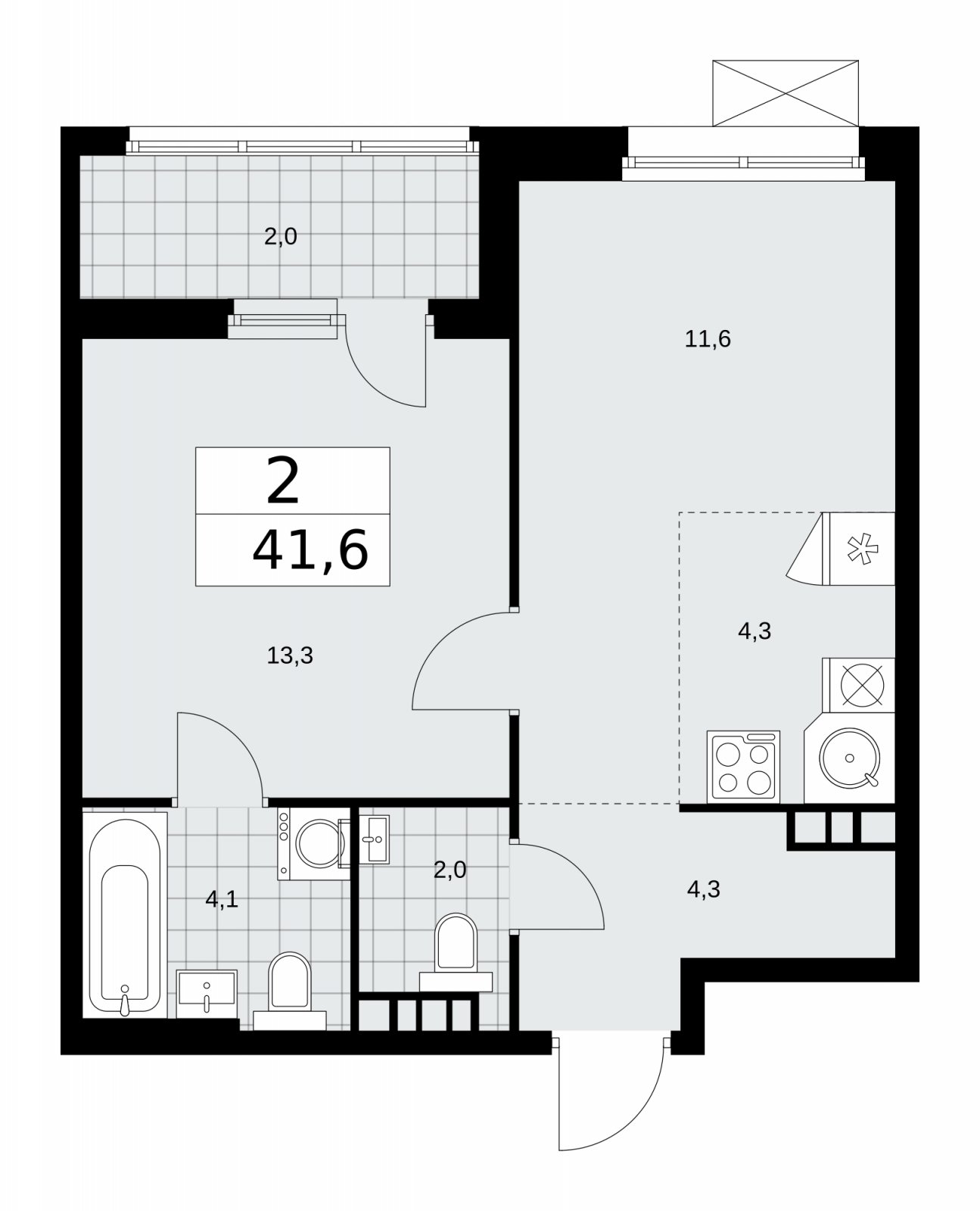 2-комнатная квартира (евро) с частичной отделкой, 41.6 м2, 6 этаж, сдача 2 квартал 2026 г., ЖК Дзен-кварталы, корпус 4.1 - объявление 2251416 - фото №1