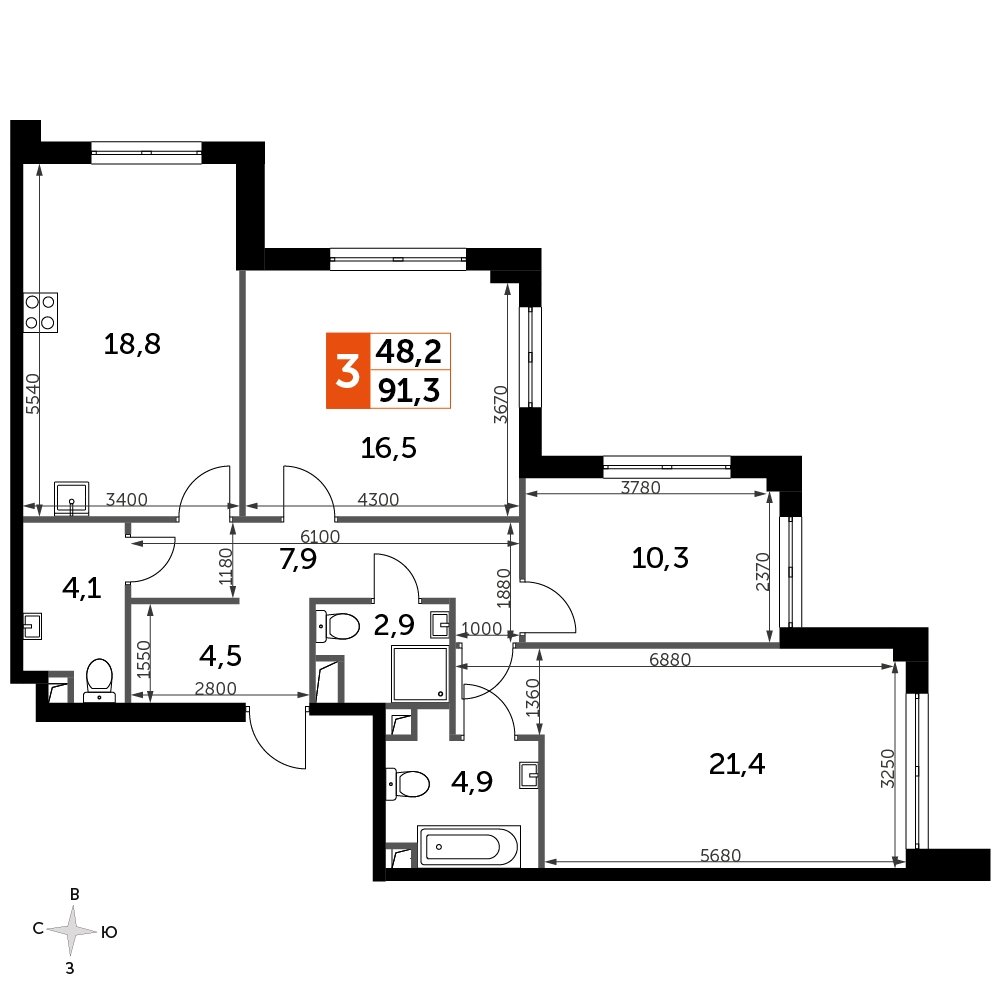 3-комнатная квартира без отделки, 91.2 м2, 34 этаж, сдача 3 квартал 2024 г., ЖК Sydney City, корпус 2.2 - объявление 2299348 - фото №1