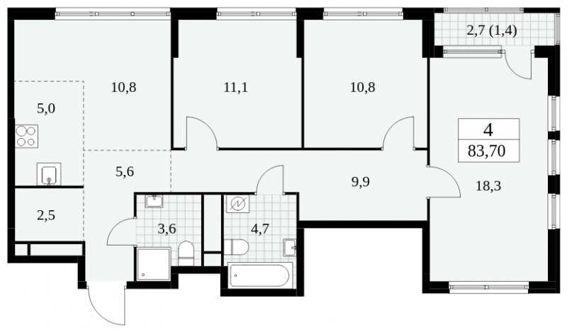 4-комнатная квартира (евро) без отделки, 83.7 м2, 13 этаж, сдача 2 квартал 2025 г., ЖК Южные сады, корпус 2.3 - объявление 1758090 - фото №1