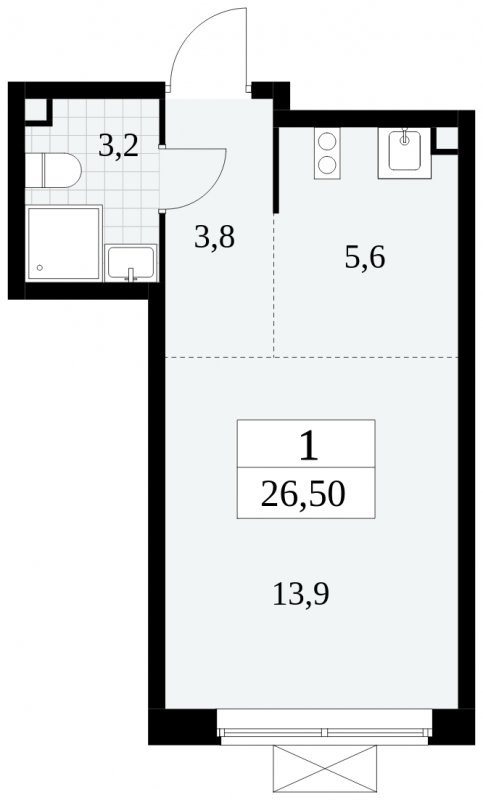 1-комнатная квартира без отделки, 26.5 м2, 2 этаж, сдача 2 квартал 2024 г., ЖК Прокшино, корпус 6.1 - объявление 1662554 - фото №1