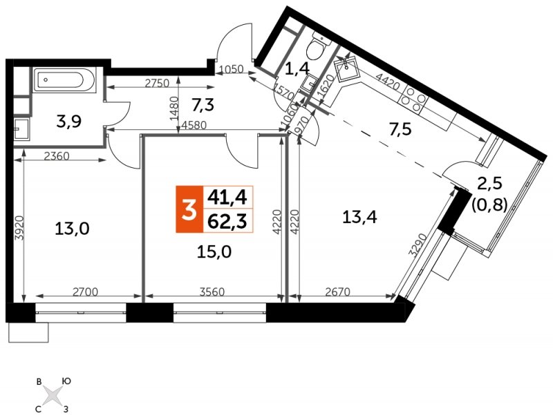 3-комнатная квартира без отделки, 62.3 м2, 4 этаж, сдача 4 квартал 2023 г., ЖК Датский квартал, корпус 2 - объявление 1767460 - фото №1