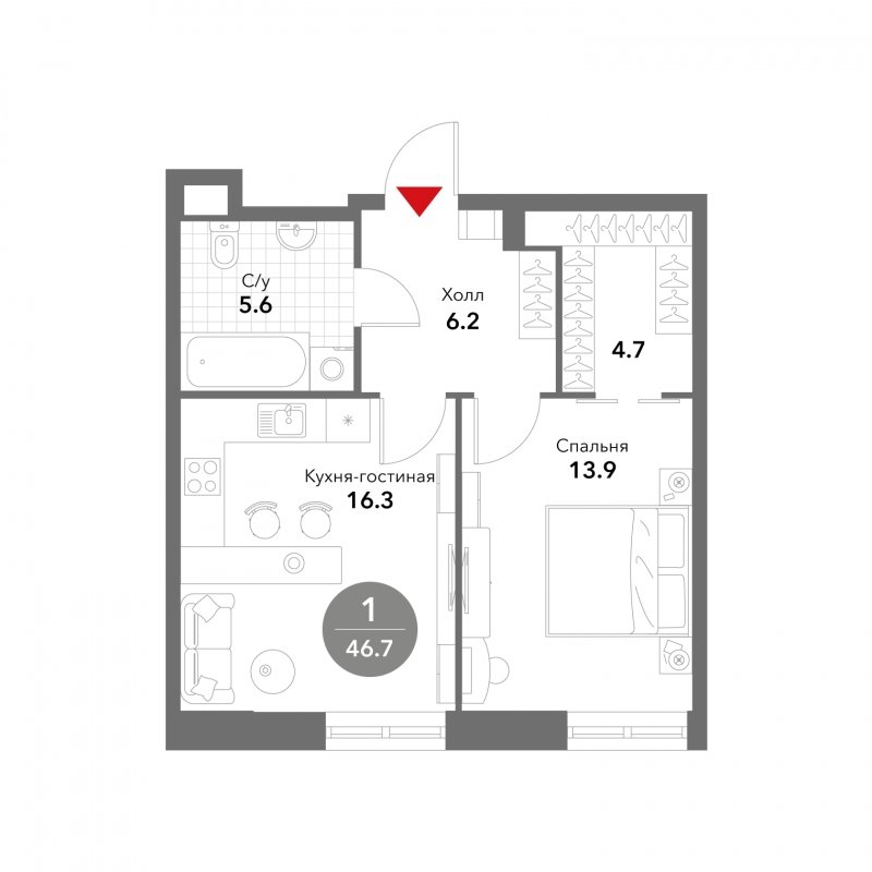1-комнатные апартаменты без отделки, 46.7 м2, 14 этаж, сдача 3 квартал 2025 г., ЖК VOXHALL, корпус 4 - объявление 1793728 - фото №1