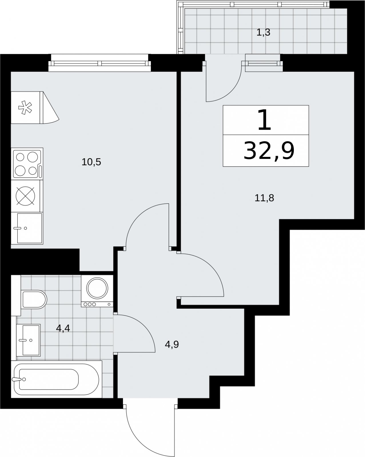 1-комнатная квартира без отделки, 32.9 м2, 13 этаж, сдача 2 квартал 2026 г., ЖК Бунинские кварталы, корпус 7.3 - объявление 2313717 - фото №1