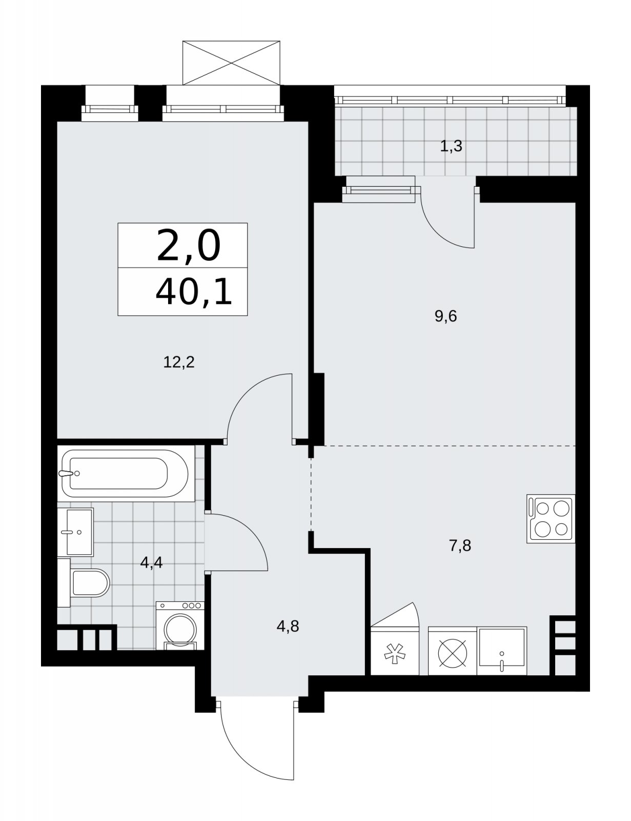 2-комнатная квартира (евро) с частичной отделкой, 40.1 м2, 4 этаж, сдача 2 квартал 2026 г., ЖК Прокшино, корпус 10.1.5 - объявление 2227752 - фото №1