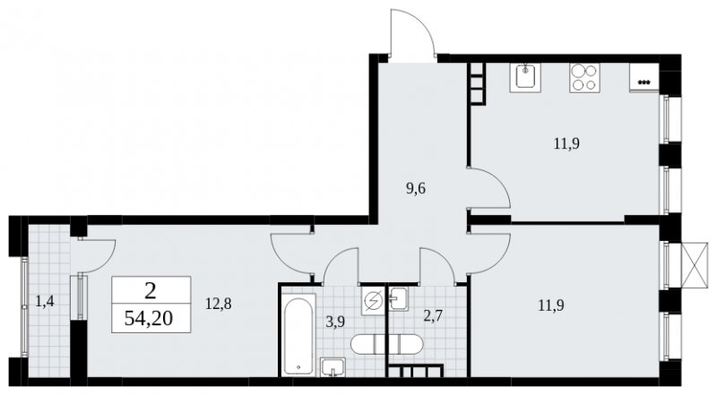 2-комнатная квартира без отделки, 54.2 м2, 9 этаж, сдача 4 квартал 2024 г., ЖК Бунинские кварталы, корпус 1.3 - объявление 1834776 - фото №1
