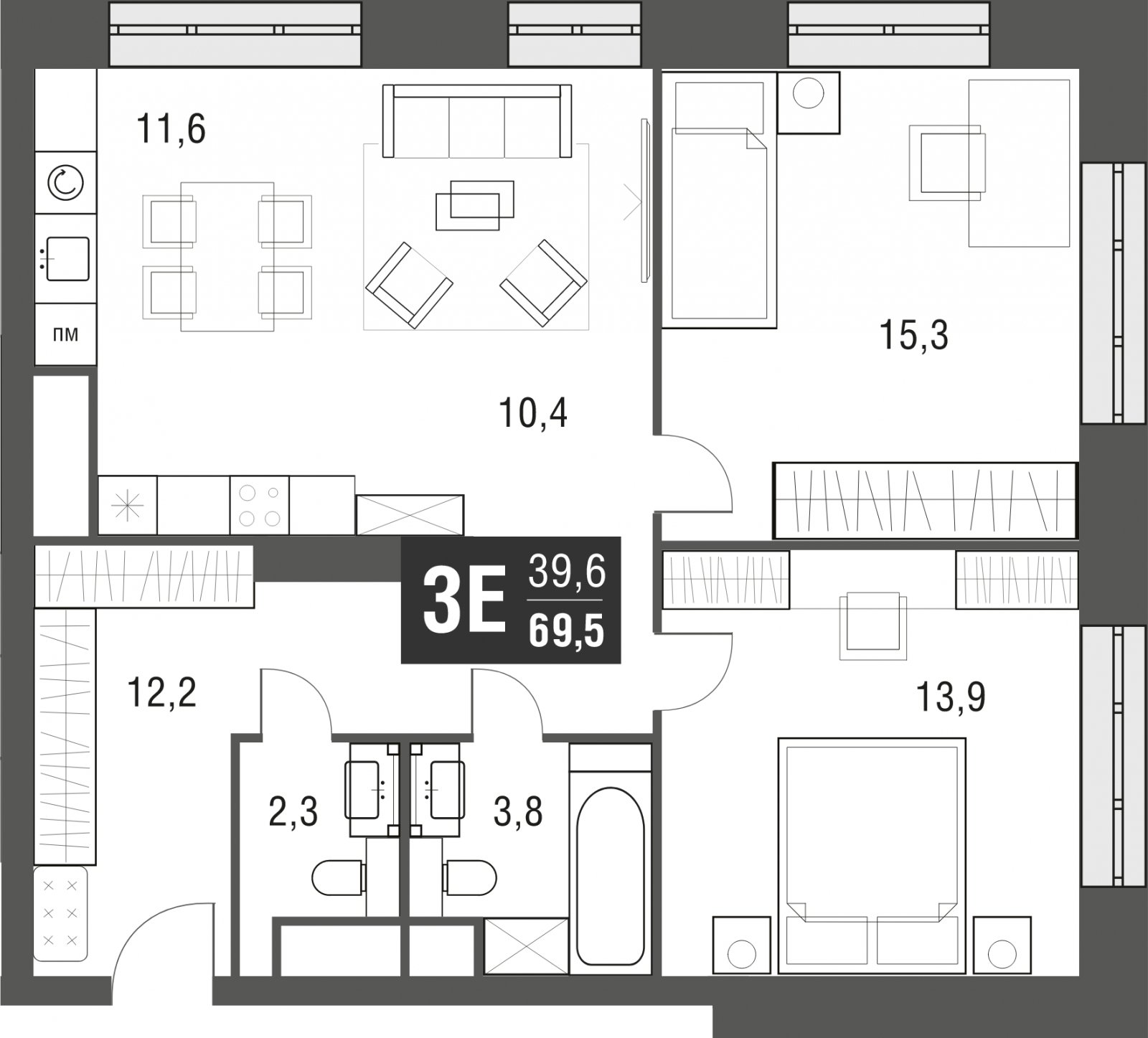 3-комнатная квартира (евро) с частичной отделкой, 69.5 м2, 11 этаж, сдача 2 квартал 2024 г., ЖК AFI Tower, корпус 1 - объявление 2031540 - фото №1