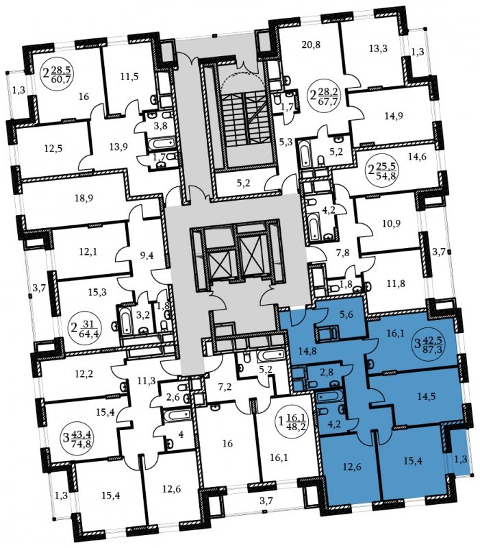 3-комнатная квартира без отделки, 87.3 м2, 2 этаж, сдача 3 квартал 2022 г., ЖК Большая семерка, корпус 2 - объявление 1139383 - фото №1