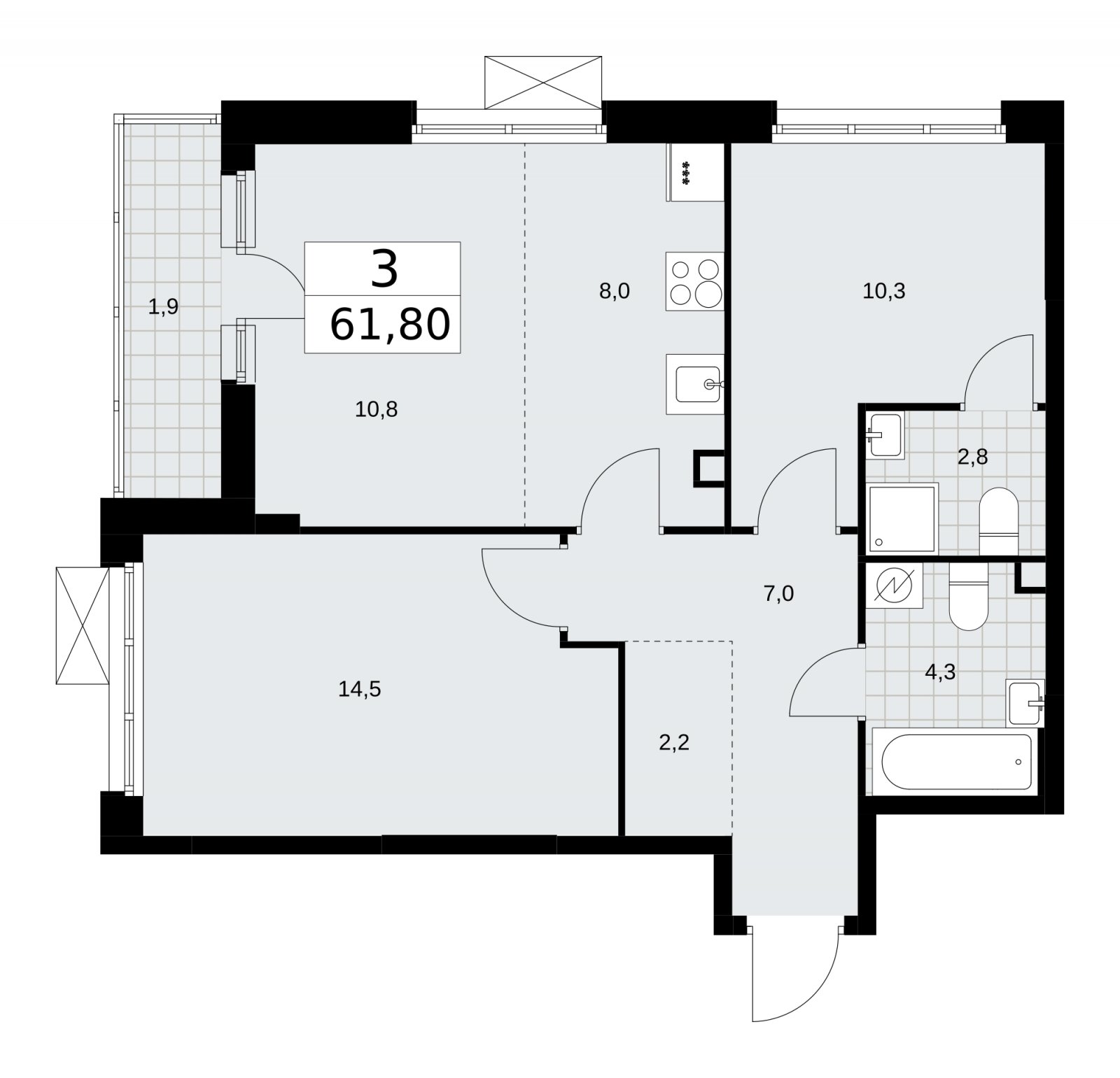 3-комнатная квартира (евро) с частичной отделкой, 61.8 м2, 2 этаж, сдача 4 квартал 2025 г., ЖК Скандинавия, корпус 28.3 - объявление 2202444 - фото №1