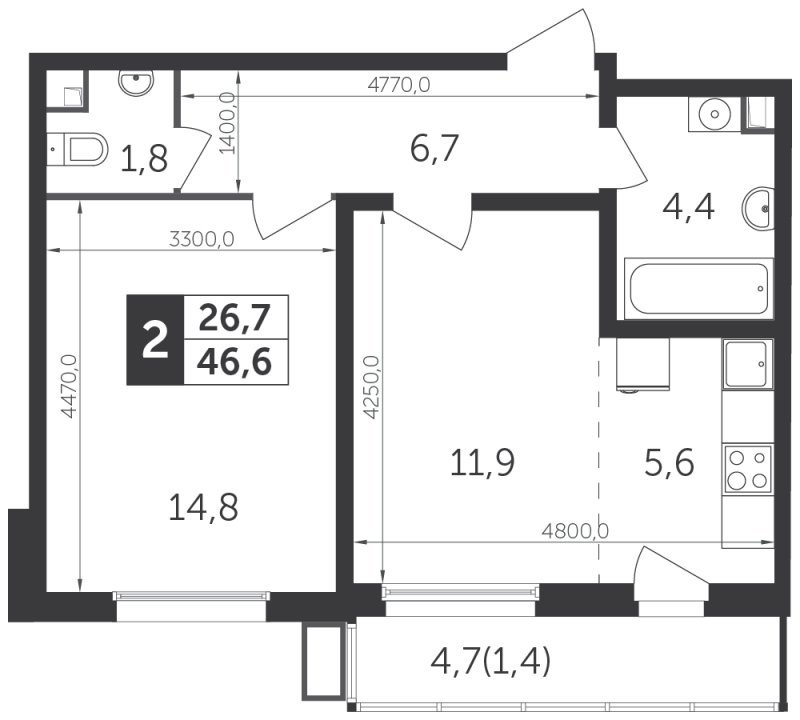 2-комнатная квартира с полной отделкой, 46.6 м2, 2 этаж, сдача 1 квартал 2022 г., ЖК Датский квартал, корпус 1 - объявление 1329099 - фото №1