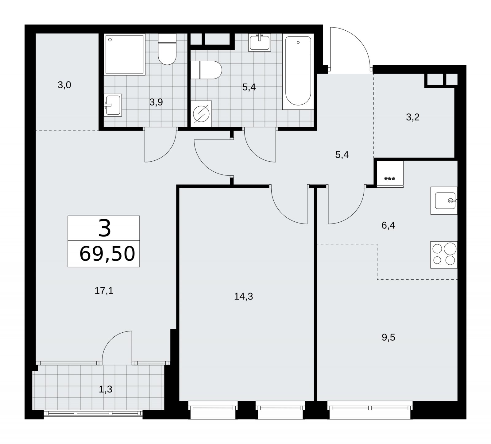 3-комнатная квартира (евро) с частичной отделкой, 69.5 м2, 3 этаж, сдача 1 квартал 2026 г., ЖК Дом на Зорге, корпус 25 - объявление 2221162 - фото №1