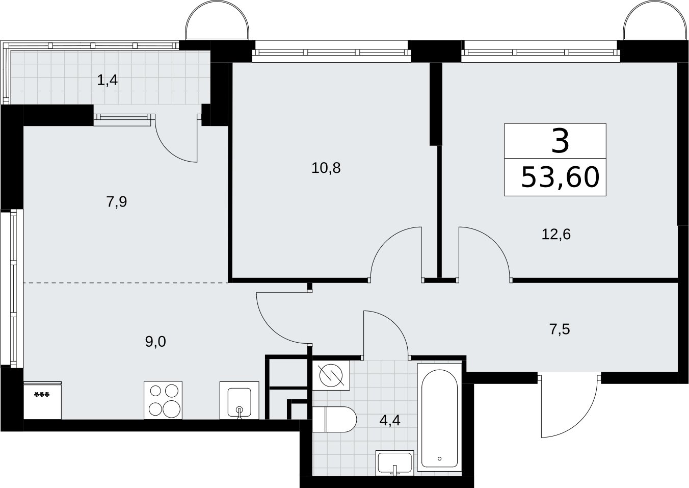 3-комнатная квартира (евро) с полной отделкой, 53.6 м2, 3 этаж, сдача 4 квартал 2026 г., ЖК Родные кварталы, корпус 3.2 - объявление 2378414 - фото №1