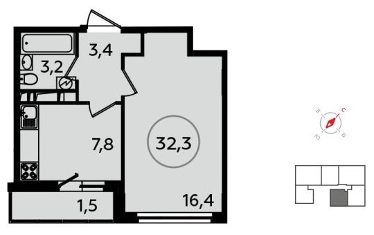 1-комнатная квартира без отделки, 32.3 м2, 11 этаж, сдача 1 квартал 2022 г., ЖК Скандинавия, корпус 13.1 - объявление 1411986 - фото №1