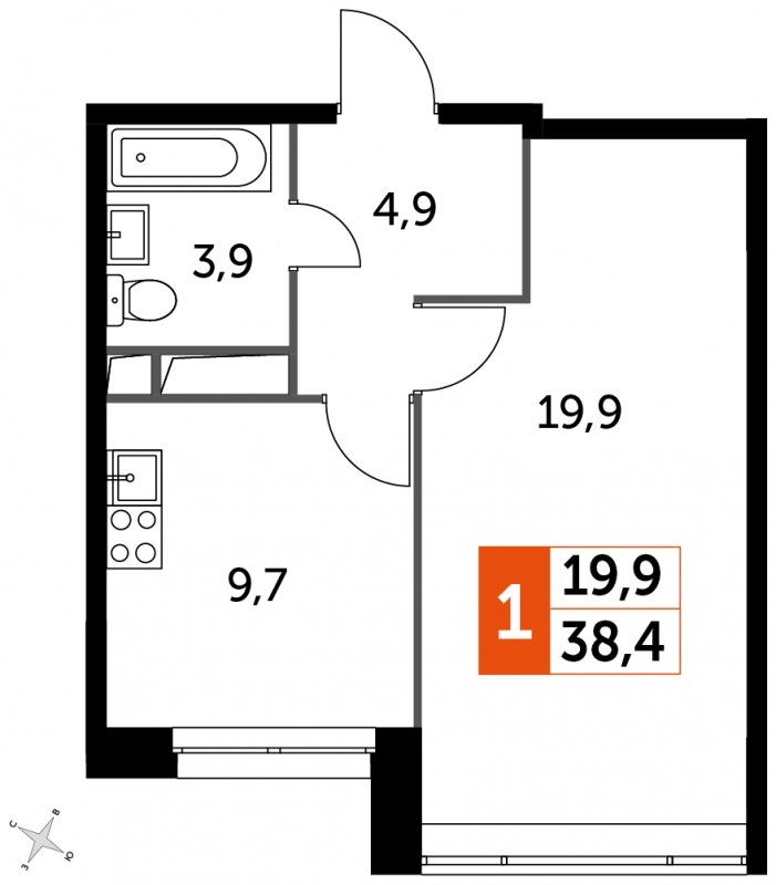 1-комнатная квартира с полной отделкой, 38.4 м2, 7 этаж, дом сдан, ЖК Датский квартал, корпус 2 - объявление 2347144 - фото №1