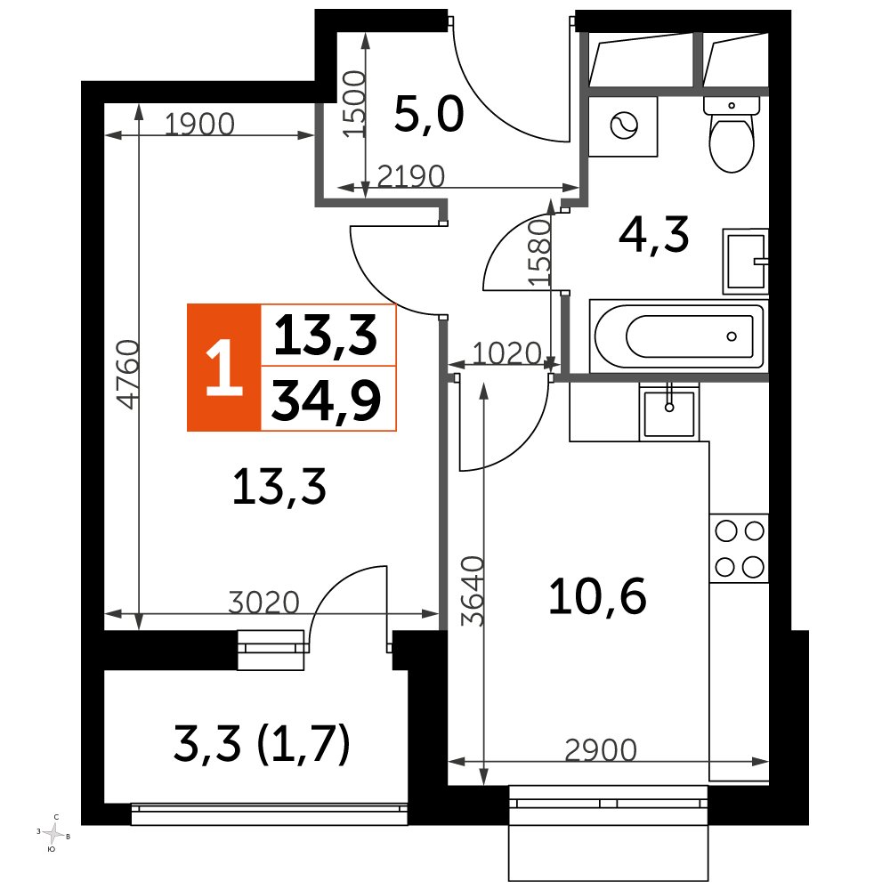 1-комнатная квартира с частичной отделкой, 34.8 м2, 9 этаж, дом сдан, ЖК UP-квартал Римский, корпус 7 - объявление 2353862 - фото №1